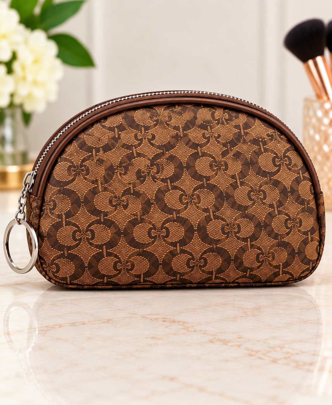 Light Brown half moon monogram makeup bag with one side keyring