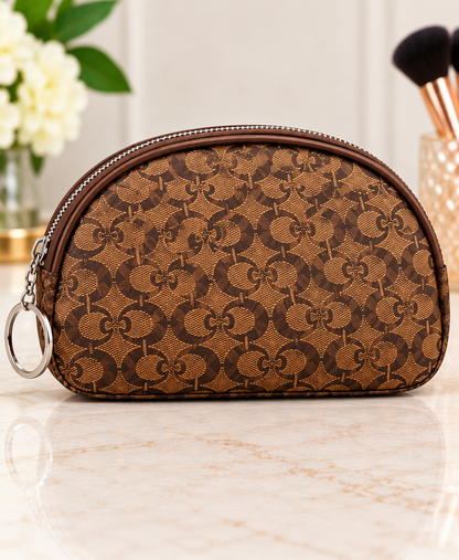 Light Brown half moon monogram makeup bag with one side keyring