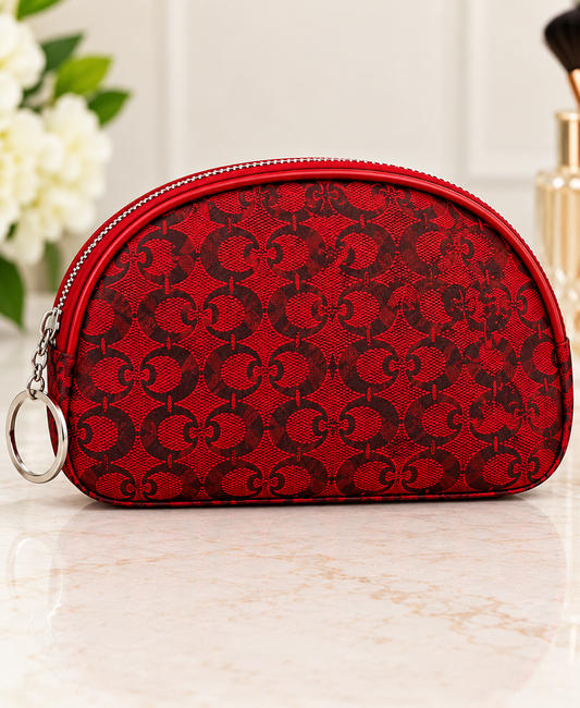 Red half moon monogram makeup bag with one side keyring