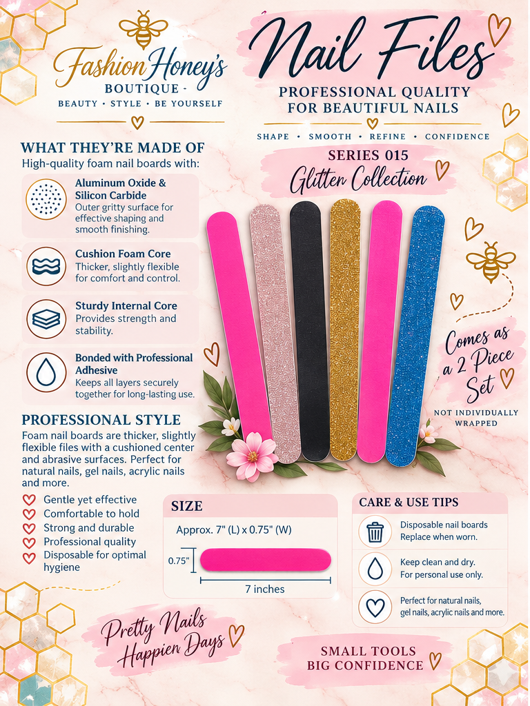 Series 015 glitter foam nail board care and material guide, two files per box, approximately 7 by 0.75 inches