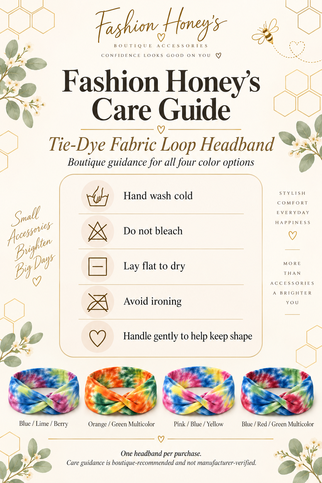 Illustrated care guide for Fashion Honey’s tie-dye fabric loop headbands; boutique-recommended hand washing and drying