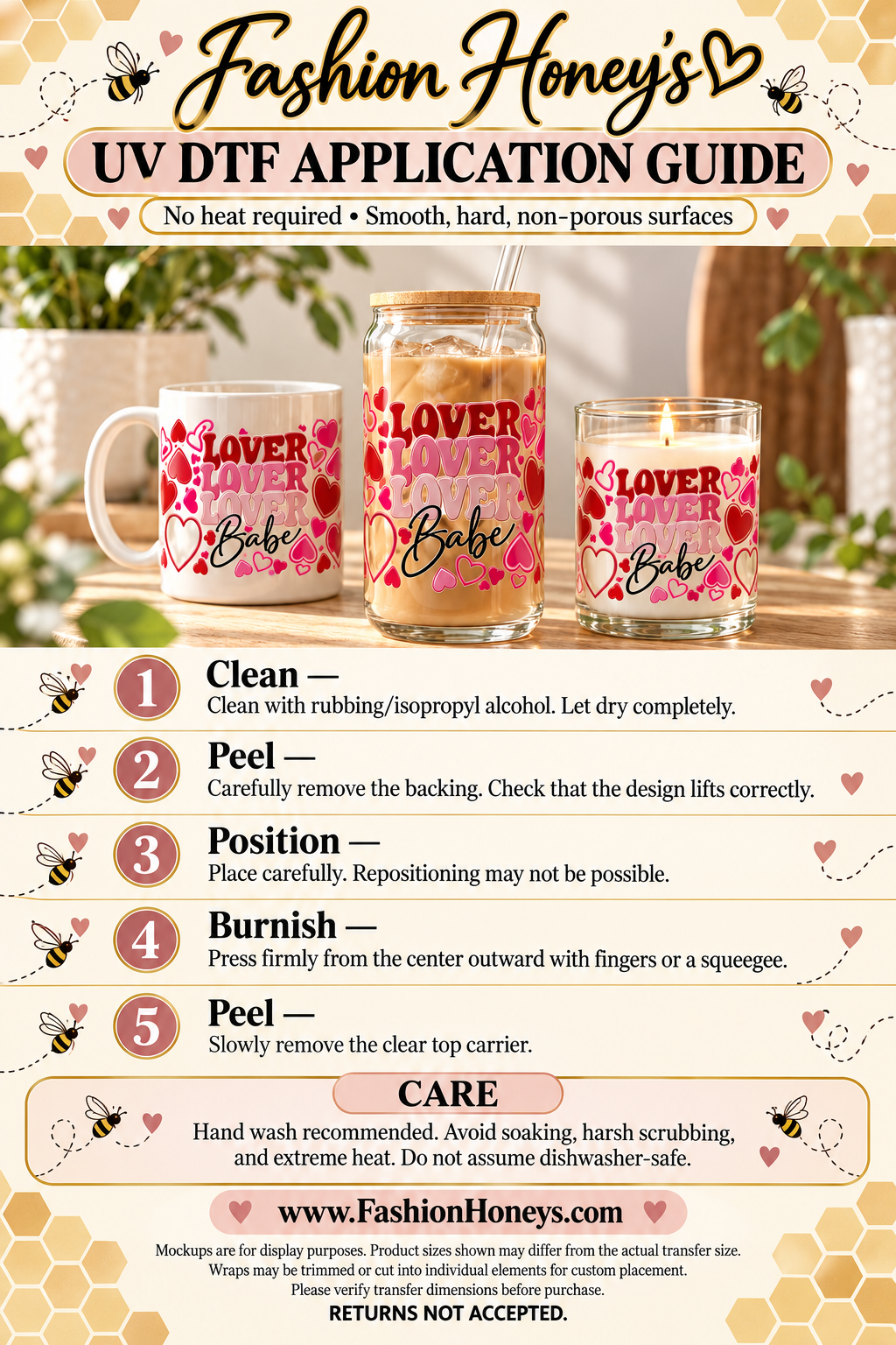 Fashion Honey's bee-themed UV DTF no-heat application and care guide