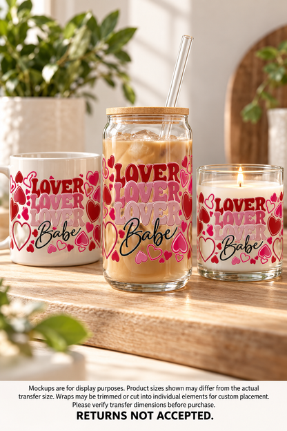 Lover Babe heart UV DTF wrap displayed on a glass cup, ceramic mug and candle jar