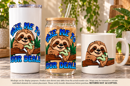 Approved UV DTF artwork curved around tumbler and glass cup with cut sloth graphic on ceramic mug