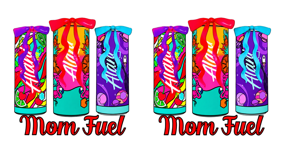 Complete horizontal Mom Fuel UV DTF transfer with two repeated groups of colorful bow-topped drink cans