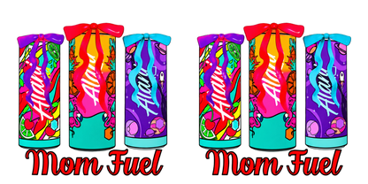 Complete horizontal Mom Fuel UV DTF transfer with two repeated groups of colorful bow-topped drink cans