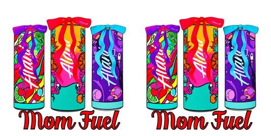 Complete horizontal Mom Fuel UV DTF transfer with two repeated groups of colorful bow-topped drink cans