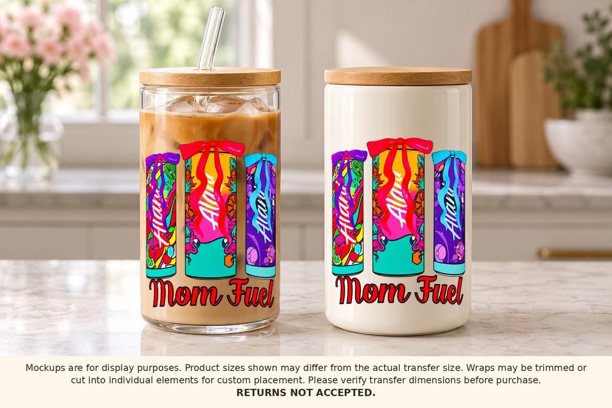 Mom Fuel approved artwork curved around glass cup and ceramic canister