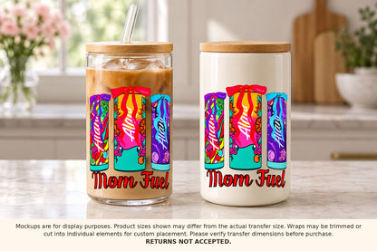 Mom Fuel approved artwork curved around glass cup and ceramic canister