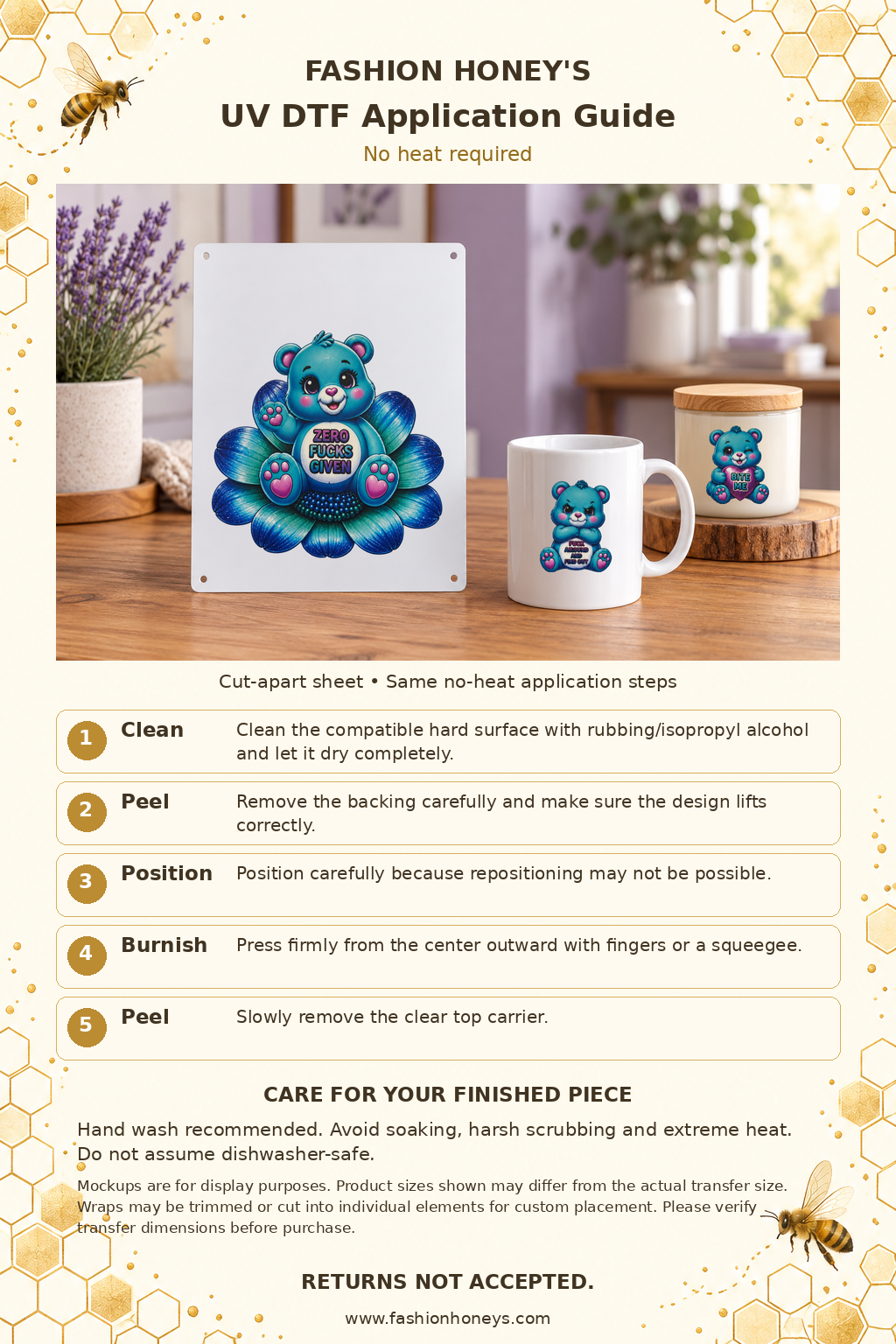 Fashion Honey's bee-themed no-heat UV DTF application guide for cut-apart blue bear designs