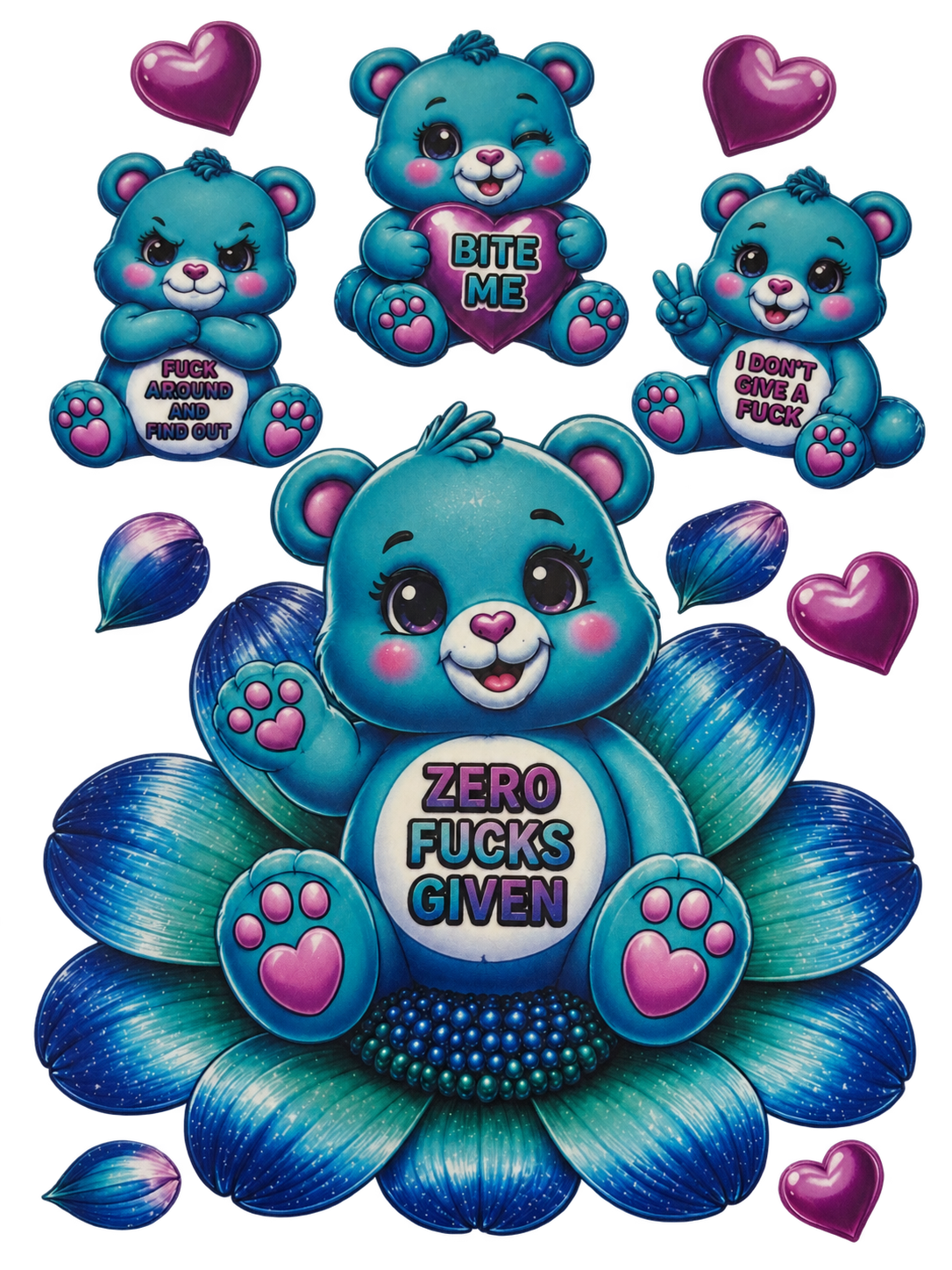 Complete four-design blue bear adult humor UV DTF cut-apart sheet, full sheet 5.5 by 8 inches