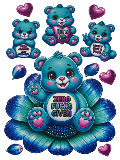 Complete four-design blue bear adult humor UV DTF cut-apart sheet, full sheet 5.5 by 8 inches