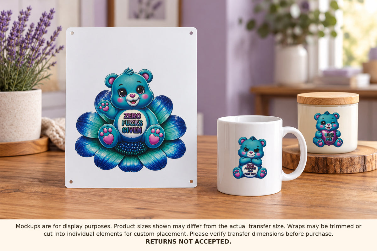 Approved blue bear designs applied individually to a metal sign, ceramic mug and candle jar