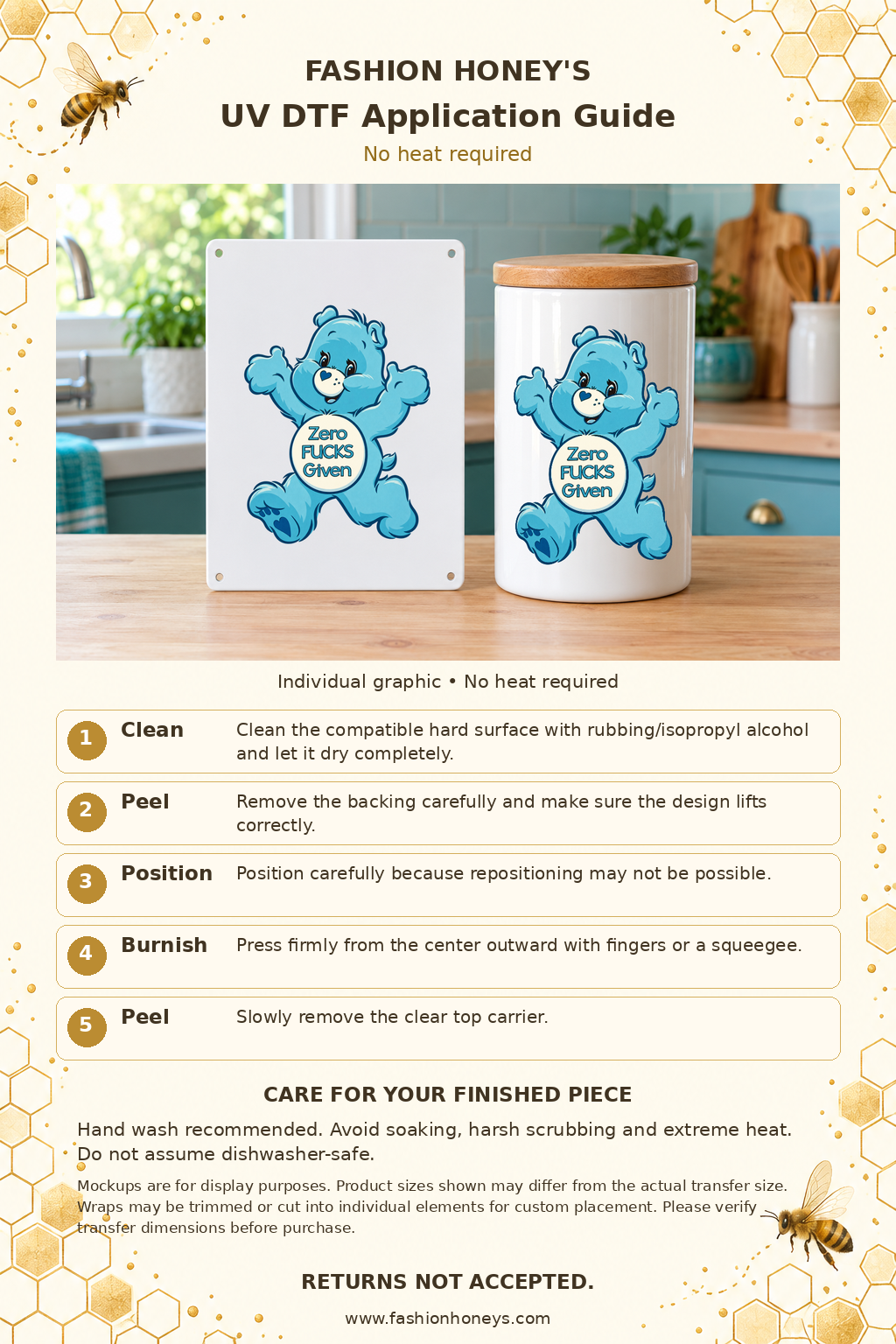 Fashion Honey's bee-themed no-heat UV DTF application guide for blue bear individual transfer