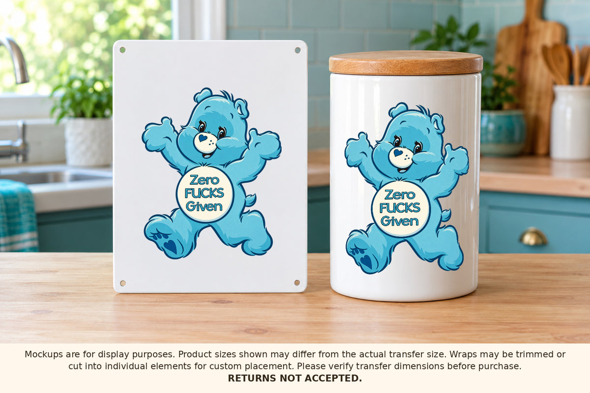 Exact approved Zero Fucks Given blue bear artwork applied to metal sign and tall ceramic canister
