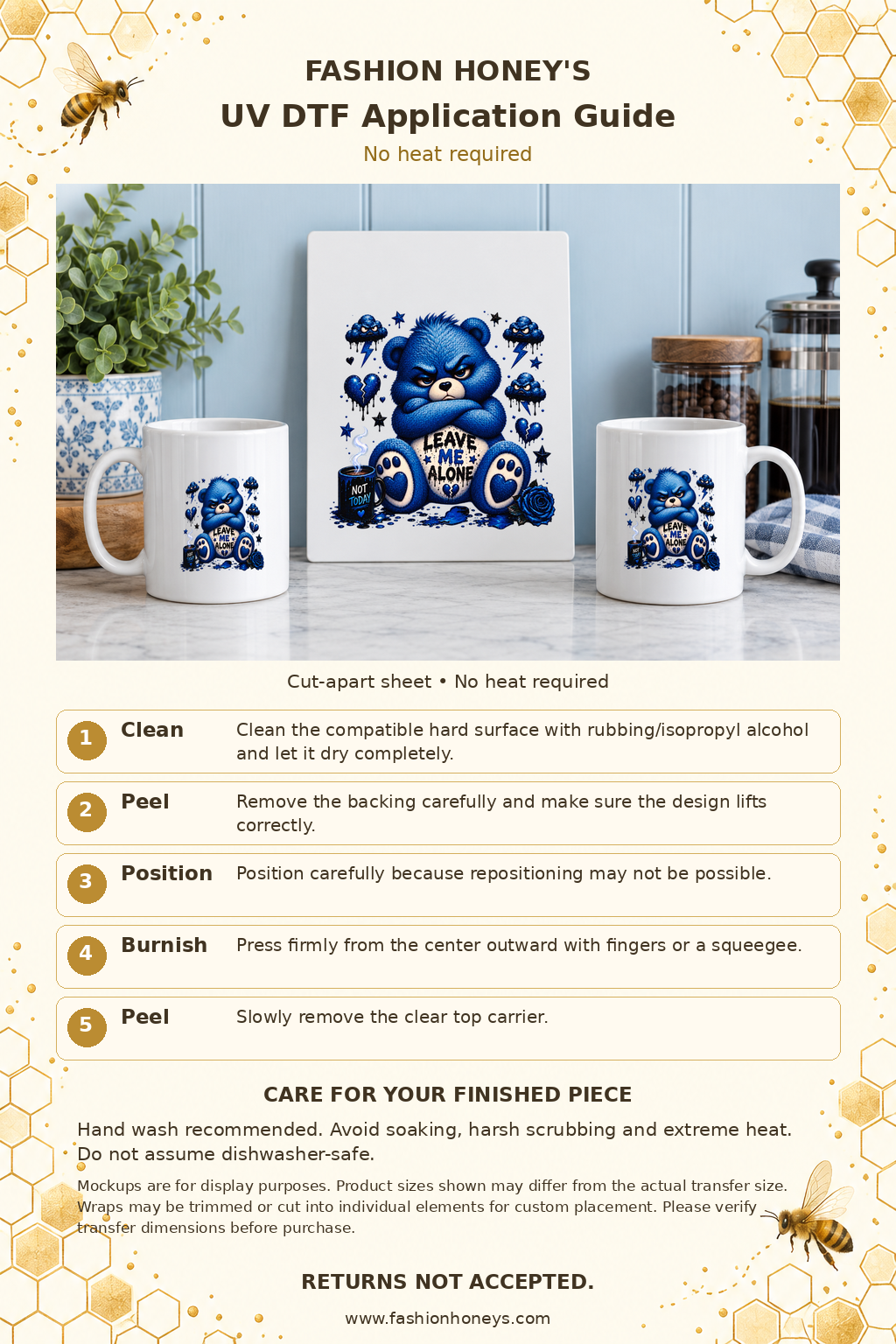 Fashion Honey's bee-themed UV DTF application guide with Leave Me Alone blue bear finished-product examples and no-heat instructions