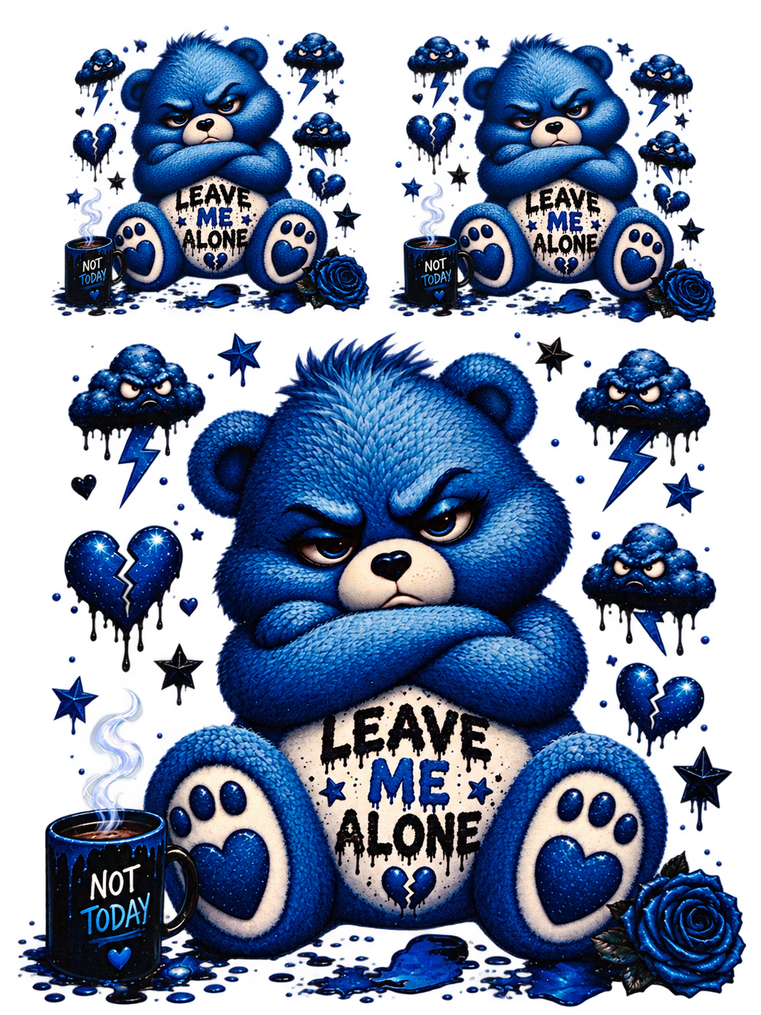 Leave Me Alone blue bear UV DTF cut-apart sheet, one large and two smaller designs with Not Today mugs, storm clouds, hearts and roses