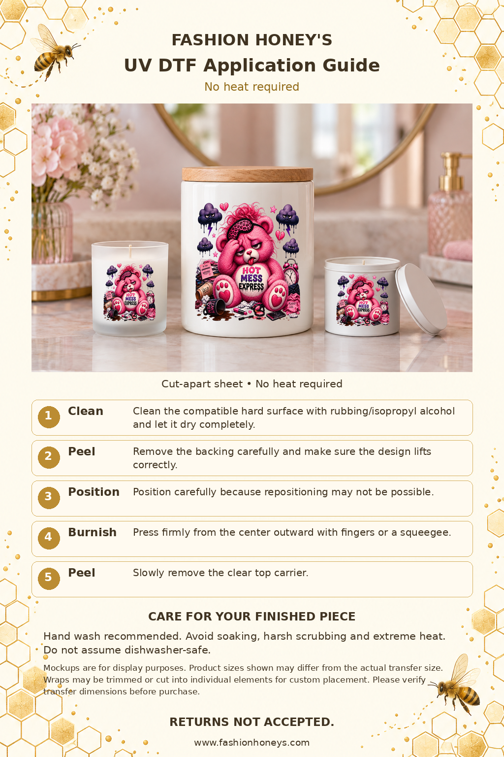 Fashion Honey's bee-themed UV DTF no-heat application guide with Hot Mess Express hard-surface project examples