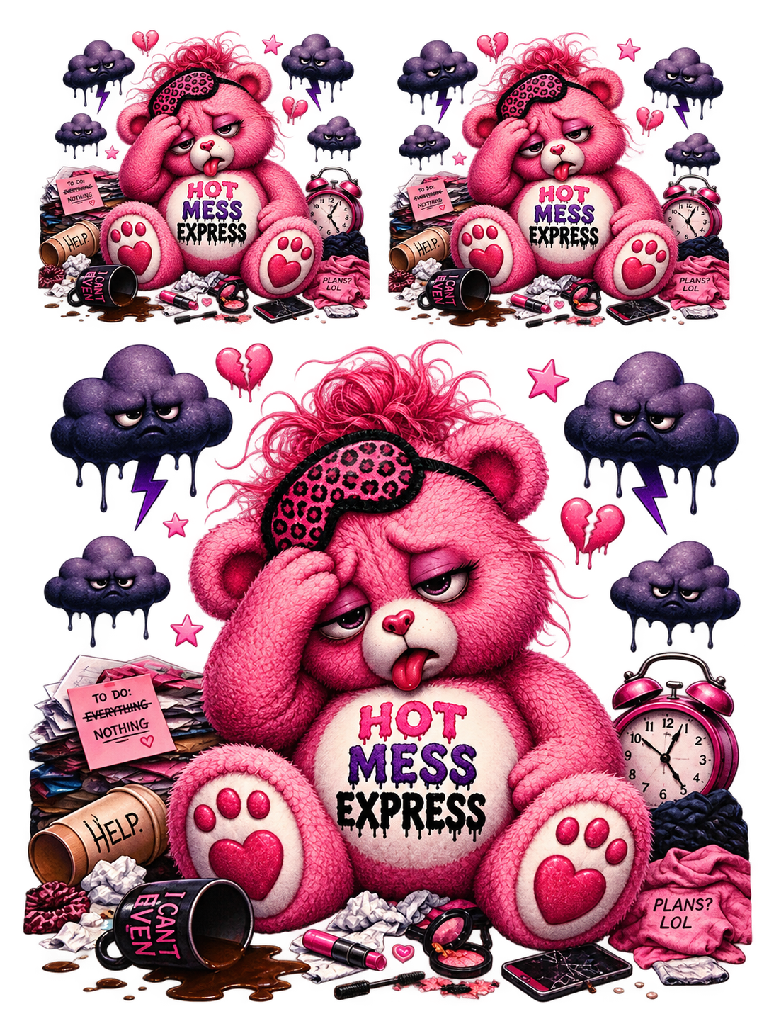 Hot Mess Express pink bear UV DTF cut-apart sheet with one large and two smaller designs, purple clouds, coffee and makeup details