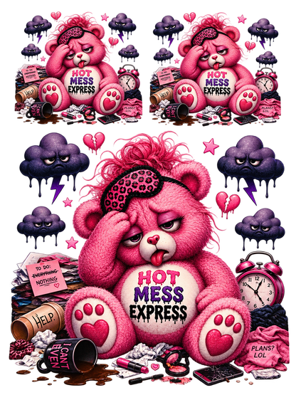 Hot Mess Express pink bear UV DTF cut-apart sheet with one large and two smaller designs, purple clouds, coffee and makeup details