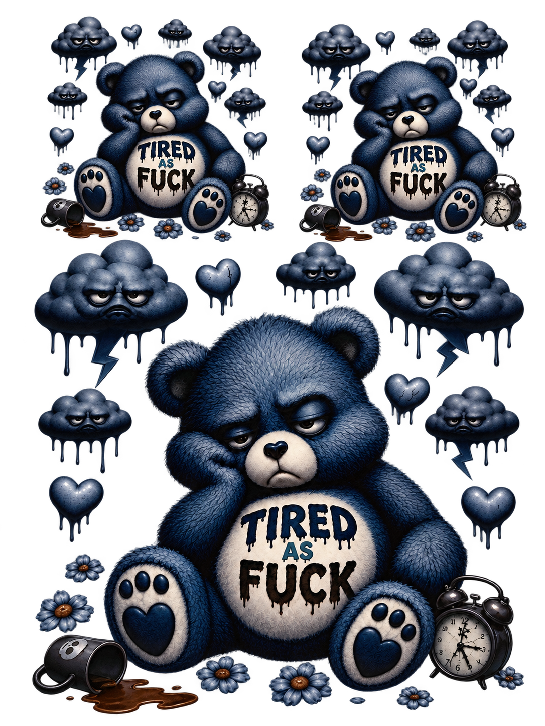 TIRED AS FUCK navy and grey bear UV DTF cut-apart sheet with one large and two smaller designs, clouds, clocks, hearts, flowers and coffee