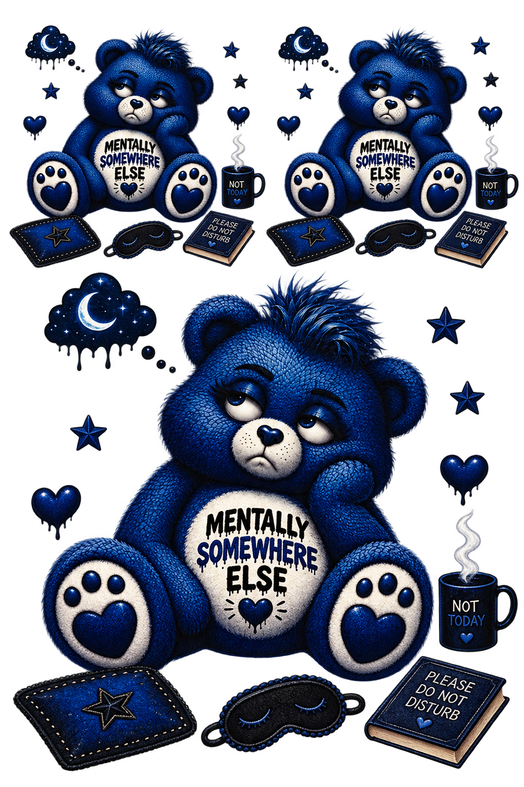 Mentally Somewhere Else blue bear UV DTF cut-apart sheet, one large and two smaller designs with mugs, books, sleep masks and moon clouds