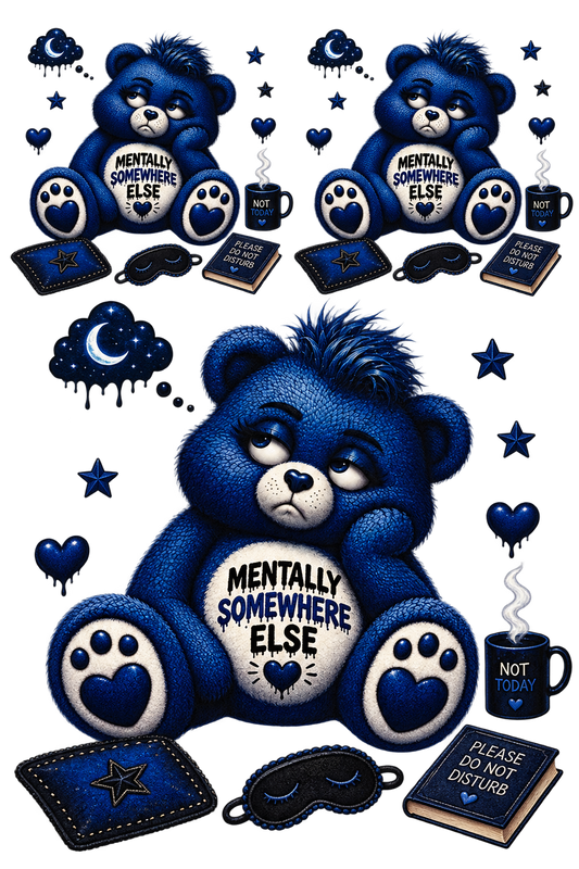 Mentally Somewhere Else blue bear UV DTF cut-apart sheet, one large and two smaller designs with mugs, books, sleep masks and moon clouds
