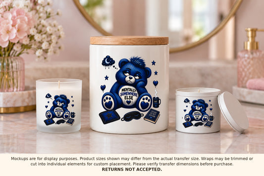 Approved Mentally Somewhere Else bear artwork applied to ceramic canister, glass candle jar and metal candle tin; finished products not included