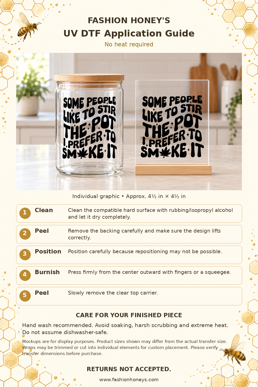 Fashion Honey's bee-themed UV DTF application guide, five no-heat steps, care instructions and returns disclaimer