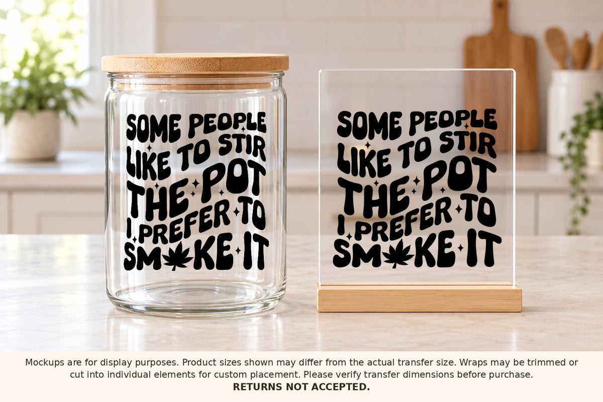 Approved black cannabis saying UV DTF transfer applied to a glass jar and acrylic sign; products are display examples