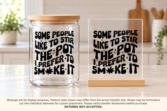 Approved black cannabis saying UV DTF transfer applied to a glass jar and acrylic sign; products are display examples