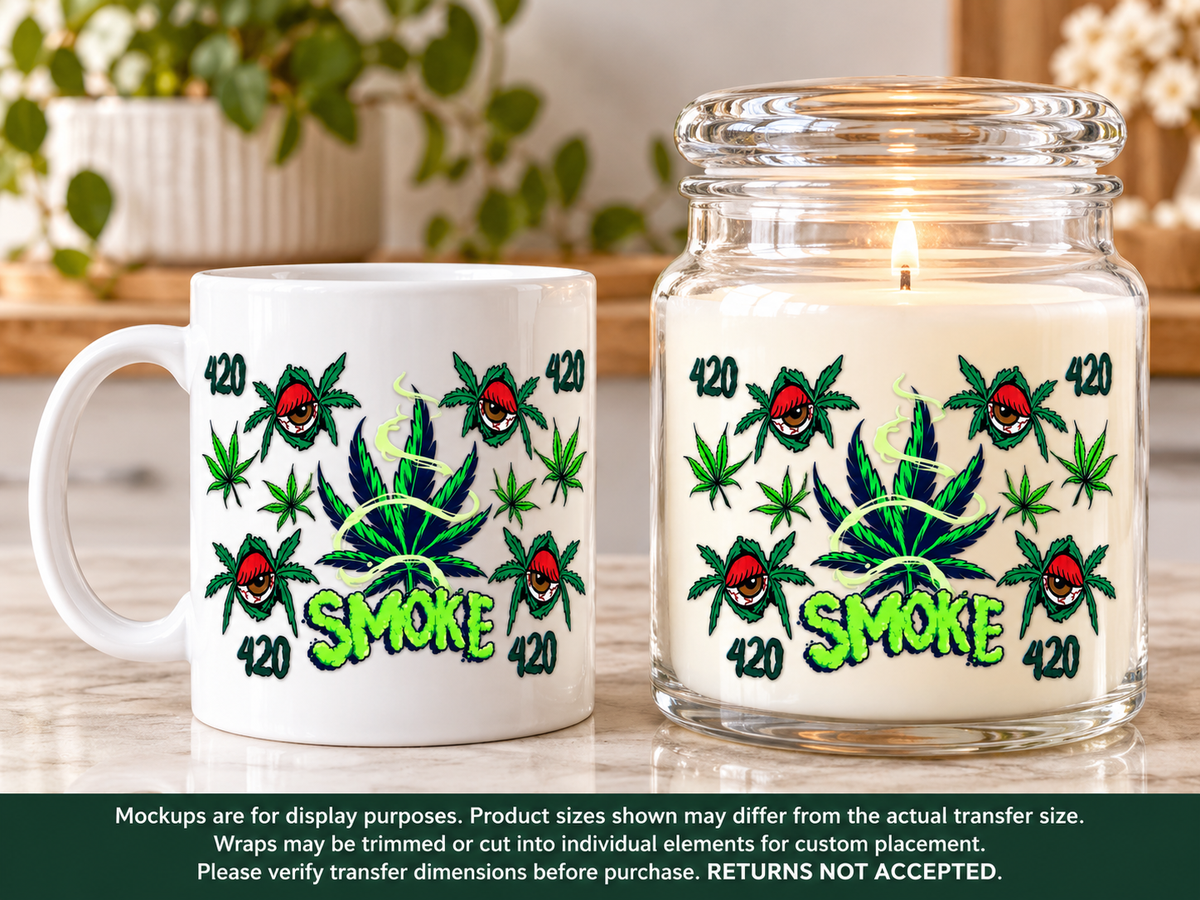 SMOKE 420 Cannabis Eyes UV DTF transfer display mockup; transfer only, display items not included