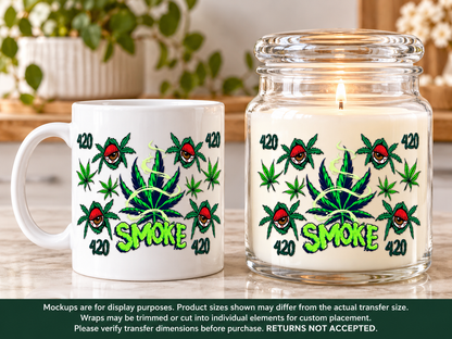 SMOKE 420 Cannabis Eyes UV DTF transfer display mockup; transfer only, display items not included