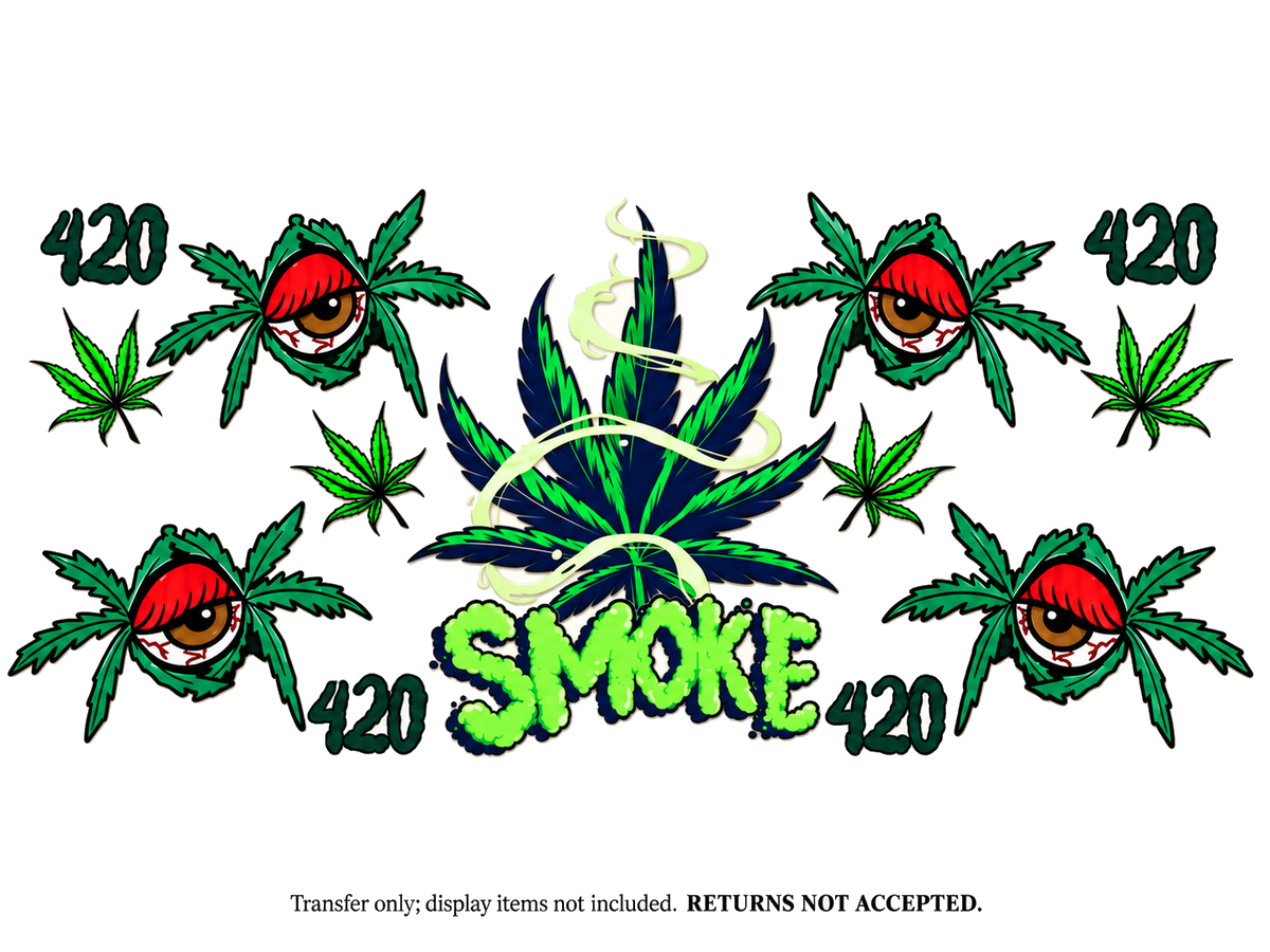 SMOKE 420 Cannabis Eyes UV DTF Cup Wrap Transfer — Optional Cut-Apart Sheet; flat transfer design on a clean background; transfer only