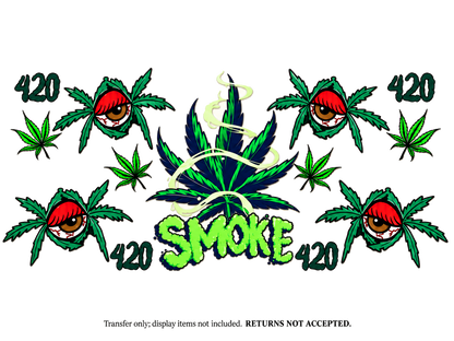 SMOKE 420 Cannabis Eyes UV DTF Cup Wrap Transfer — Optional Cut-Apart Sheet; flat transfer design on a clean background; transfer only