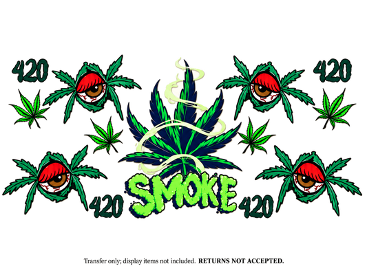 SMOKE 420 Cannabis Eyes UV DTF Cup Wrap Transfer — Optional Cut-Apart Sheet; flat transfer design on a clean background; transfer only