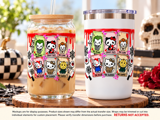 Horror Kitty Character Frames UV DTF Cup Wrap Transfer — Optional Cut-Apart Sheet; transfer only, display products not included