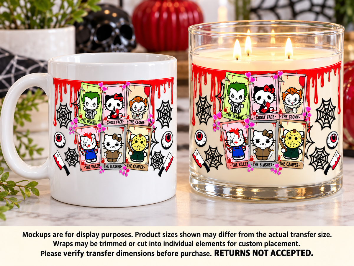 Horror Kitty Character Frames UV DTF transfer display mockup; transfer only, display items not included
