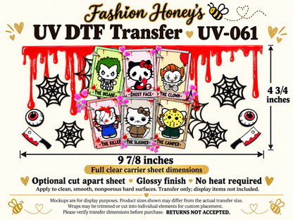 Horror Kitty Character Frames UV DTF transfer size and application information; transfer only, display items not included
