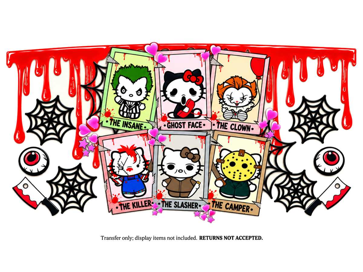Horror Hello Kitty Character Frames UV DTF Cup Wrap Transfer — Optional Cut-Apart Sheet; flat transfer design on a clean background; transfer only