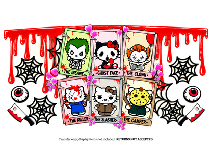 Horror Hello Kitty Character Frames UV DTF Cup Wrap Transfer — Optional Cut-Apart Sheet; flat transfer design on a clean background; transfer only