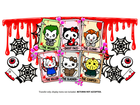 Horror Hello Kitty Character Frames UV DTF Cup Wrap Transfer — Optional Cut-Apart Sheet; flat transfer design on a clean background; transfer only