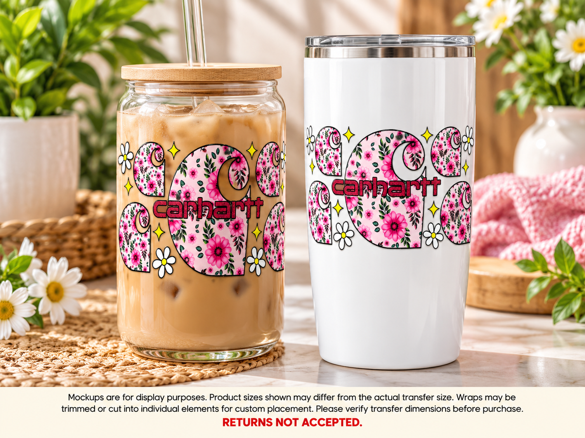 Pink Floral Carhartt Logo UV DTF transfer display mockup; transfer only, display items not included