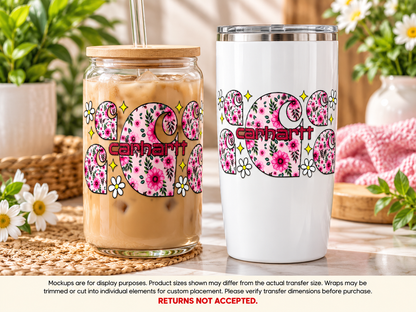 Pink Floral Carhartt Logo UV DTF transfer display mockup; transfer only, display items not included