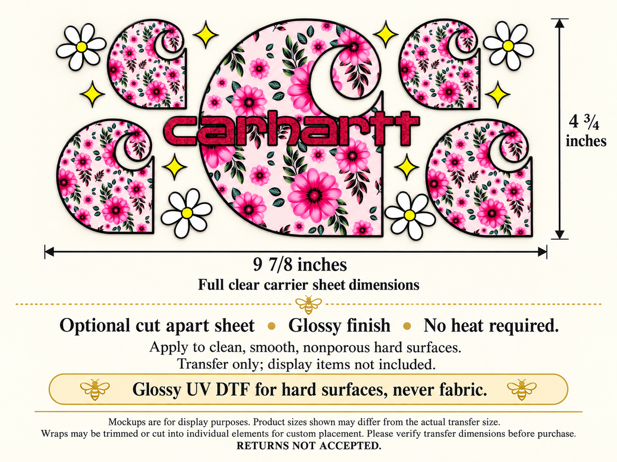 Pink Floral Carhartt Logo UV DTF transfer size and application information; transfer only, display items not included