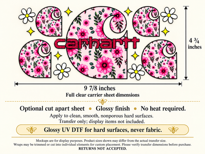 Pink Floral Carhartt Logo UV DTF transfer size and application information; transfer only, display items not included