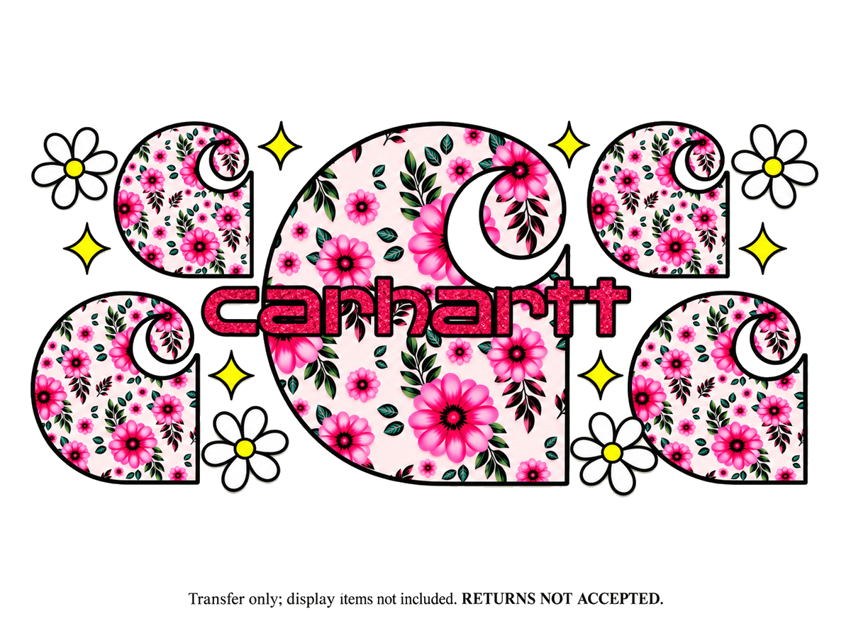 Pink Floral Carhartt Logo UV DTF Cup Wrap Transfer — Optional Cut-Apart Sheet; flat transfer design on a clean background; transfer only