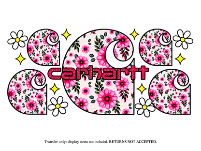 Pink Floral Carhartt Logo UV DTF Cup Wrap Transfer — Optional Cut-Apart Sheet; flat transfer design on a clean background; transfer only
