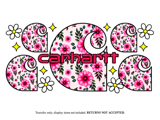 Pink Floral Carhartt Logo UV DTF Cup Wrap Transfer — Optional Cut-Apart Sheet; flat transfer design on a clean background; transfer only