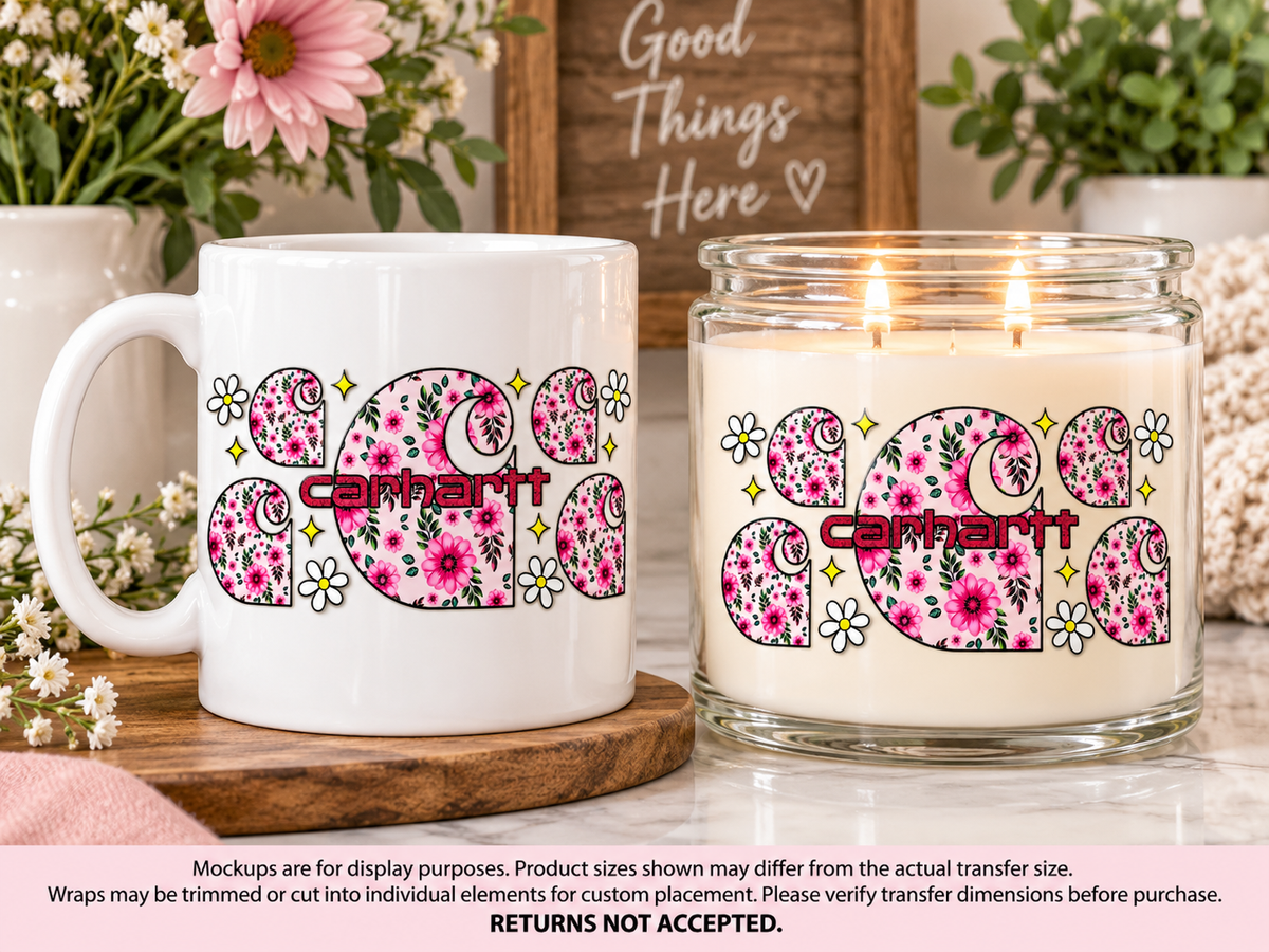 Pink Floral Carhartt Logo UV DTF Cup Wrap Transfer — Optional Cut-Apart Sheet; drinkware display mockup; transfer only